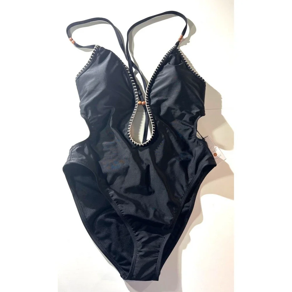 Shade & Shore Black Plunge One-Piece Swimsuit Beaded High-Leg Cut Size L 12-14